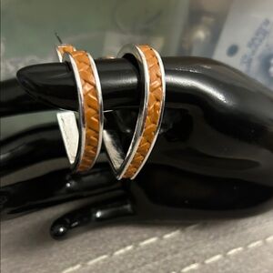 Silver and Tan  Leather Hoop Earrings